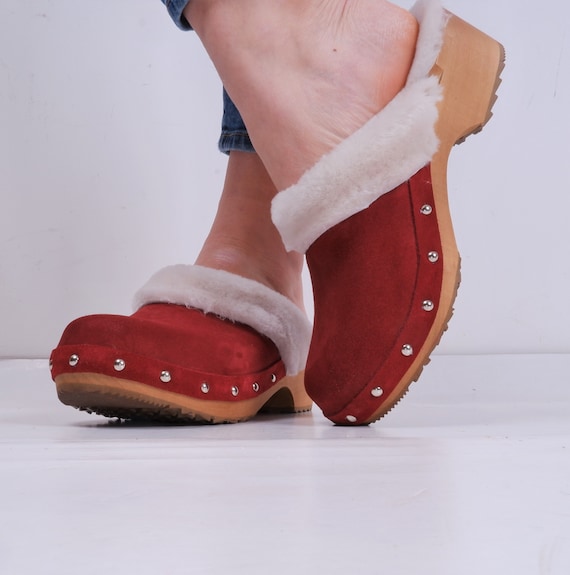 Swedish Clogs Fur SAGA Black Real Fur Moccasins Wooden Womens Wood