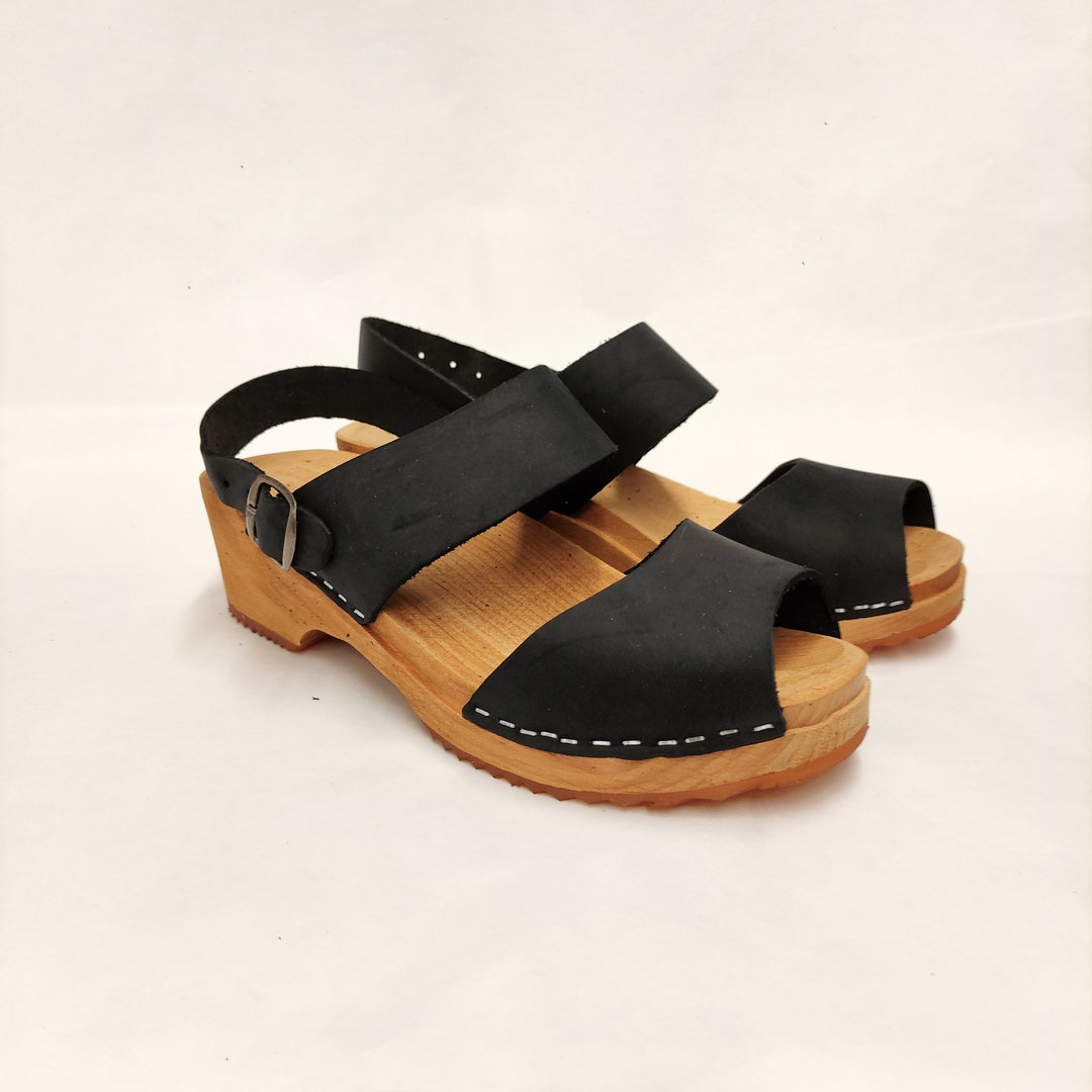 Swedish Clogs CARINA Peep Toe Nubuck Leather Sandals Moccasins  Wooden Women Clogs Wood Blue Black Genuine Leather Skin Clog