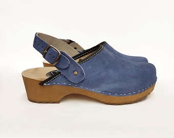 Sabots suédois - BONDA jaune - Sandales Mocassins en bois pour femmes, sabots en cuir pour femmes, sabots en bois, daim marron, cadeau naturel pour elle vert rouge
