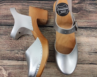 Metallic Swedish Clogs Silver ESTELLE Sandals Wooden Women genuine Leather Clog Womens clogs  Wood brown red dots orthopedic ecofriendly