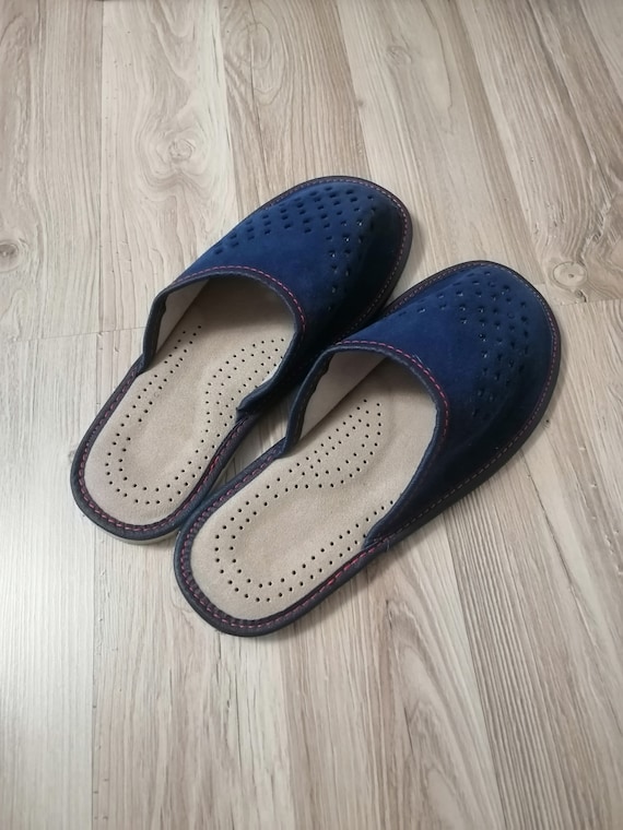 Man slippers , natural leather slippers,  handmade men shoes, leather shoes, home shoes, blue slippers  gift for him  and dad