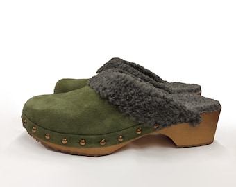 Swedish Clogs fur  - ELSA suede -  Moccasins Wooden  Boots Womens Wood Winter Clogs, wool Sweden, Christmas Gift, Natural