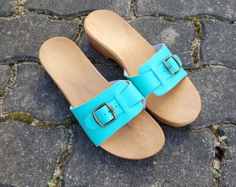 TURQUOISE Swedish Clogs - MIA - Sandals WEDDING Wooden Women clogs silver leather Bridemaids gift Womens Wood wooden clogs  slip on mules