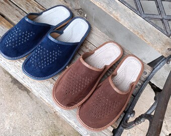 Zapatillas de estar por casa hombre en piel en tallas 39 - 46, zapatillas de piel natural en piel serraje, zapatillas de estar por casa hombre hechas a mano en piel marrón regalo