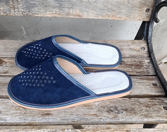 Zapatillas de estar por casa hombre en piel tallas 39 - 46, zapatillas de piel natural en piel serraje, zapatillas de estar por casa hombre hechas a mano en piel azul regalo