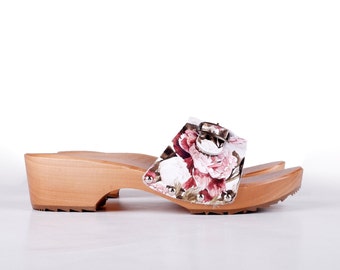 FLORAL Swedish Clogs - MIA - Sandals WEDDING Wooden Women clogs silver leather Bridemaids gift Womens Wood wooden clogs  slip on mules