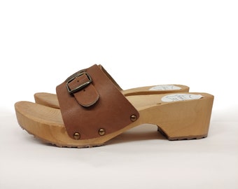 Sabots suédois - MIA - sandales mocassins en bois pour femmes, sabots en cuir, bottes pour femmes, bois, bois, marron, mules