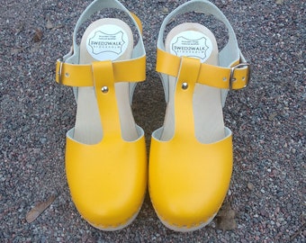 50% OFF Swedish Clogs - LISABETH suede yellow -  Sandals Moccasins Wooden Women Leather Clog  - mary jane clogs Womens Wood YELLOW