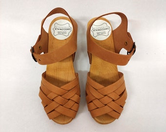 Swedish Clogs  - ULLA - Peep toe braided wooden clogs sandals -  nubuck brown leather Women Clog Wood black brown - braided clogs