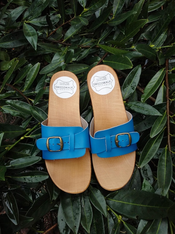 Sandalias De Piel Para Mujer Color Azul Con Cierre Decoratico