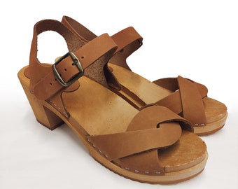 Swedish Clogs  - NOVA - Peep toe wooden clog sandals -  nubuck leather Women high heel Wood black brown blue red purple Sweden