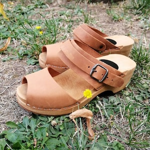 Swedish Clogs  - CARINA - peep toe -  nubuck leather Sandals Moccasins Wooden Women -  GENUINE Leather Clog Wood brown wooden clogs SWEDEN