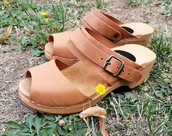 Swedish Clogs CARINA Peep Toe Nubuck Leather Sandals
