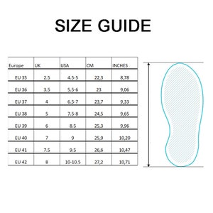 May include: Size guide chart for shoes with European, UK, and US sizes, along with corresponding measurements in centimeters and inches. The chart includes sizes from EU 35 to EU 42.