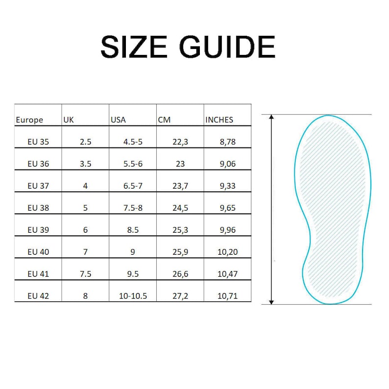 May include: Size guide chart for shoes with European, UK, and US sizes, along with corresponding measurements in centimeters and inches. The chart includes sizes from EU 35 to EU 42.