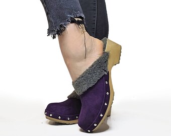 Swedish Clogs WOOL purple - ELSA suede - Wooden  Womens Wood Winter Clogs, Sheepskin Sweden, Christmas Gift, Natural WOOL green blue red