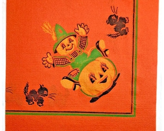Vintage HALLOWEEN NAPKIN 1930s 40s Baby SCARECROW Kitten Witch Black Cat Crepe Paper