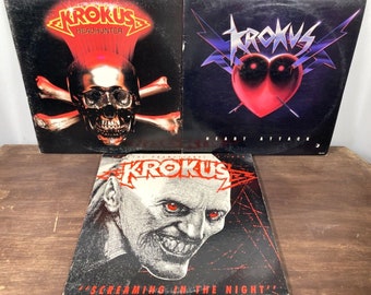 KROKUS 2 LP +12" Single Lot HEADHUNTER Heart Attack Screaming In The Night Promo 80s Metal