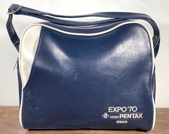 Vintage 1970 ASAHI PENTAX Vinyl CAMERA Bag Blue Handbag Expo '70 cmc Carry Case