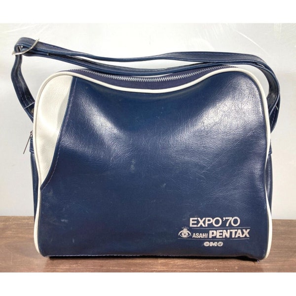 Vintage 1970 ASAHI PENTAX Vinyl CAMERA Bag Blue Handbag Expo '70 cmc Carry Case