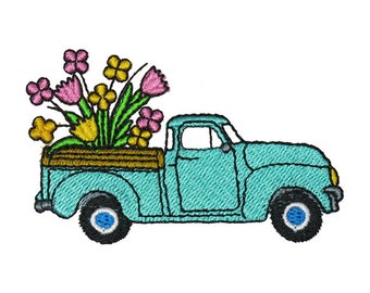 Spring Flowers Vintage Truck Embroidery Design - Instant Download