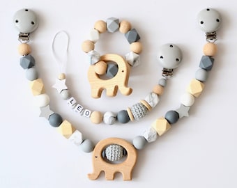 Kinderwagenkette Elefant, Schnullerkette mit Namen, Set mit Namen