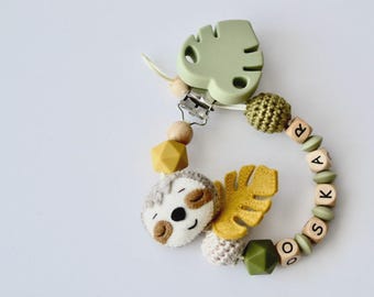 Personalized Pacifier Clip with Sloth, Wooden Dummy Clip, Newborn Baby Gift with Name