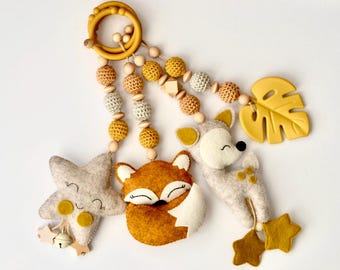Play Gym Pendants Fox Deer Star Monstera, Wood and Silicone, Baby Gym Toy Set