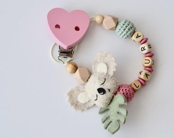 Personalized Pacifier Clip with Koala, Wooden Dummy Clip, Newborn Baby Gift with Name