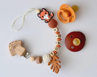 Personalized Pacifier Clip with Fox, Wooden Dummy Clip, Baby Name Gift, Newborn Baby Shower Gift