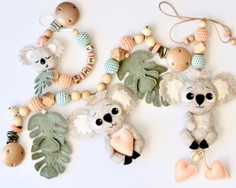 Personalized Koala Baby Gift Set, Pram Chain, Car Seat Toy and Pacifier Clip, Monstera Newborn Gift