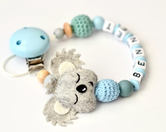 Personalized Pacifier Clip with Koala, Wooden Dummy Clip, Baby Name Gift, Newborn Baby Shower Gift
