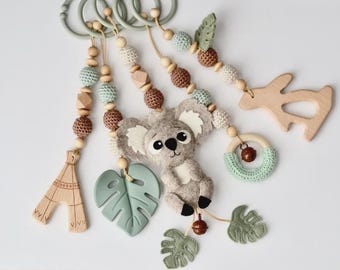Wooden Baby Play Gym, Baby Gym with Koala Sloth & Monstera Leaf Charms, Wooden Activity Toy, Newborn Gift