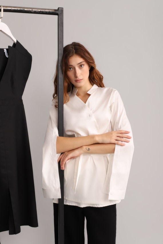 formal white wrap blouse