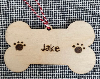 Personalised wooden dog bone hanging decoration
