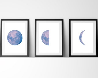 Moon Phases Print Set, Blue and Lavender Moon Poster, Set of three prints, Printable Art, Moon Phase Wall Art