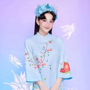 áo dài cach tan cao cấp  in hoa xanh ngọc | gam xop | Ao dai Viet Nam| Vietnamese traditional dress | Lunar New Year| BLue ao dai