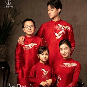 Red Chim Hatk Family Matching Ao Dai, Pre-made Modernized Vietnamese Ao Dai, Ao Dai Lunar New Year/Matching Ao Dai Tet|GD60