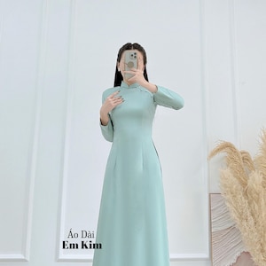 Light Green Ao Dai With Pearl Beading Neckline | Ao Dai Viet Nam | Vietnamese Long Dresses | Ao Dai traditional| No Pants | V24