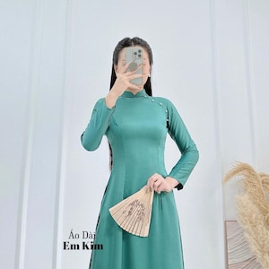 Emerald Green Ao Dai with Pearl Beading Neckline | Plain ao dai | Ao Dai Viet Nam | Vietnamese Long dresses | Ao Dai dress| No Pants | V25