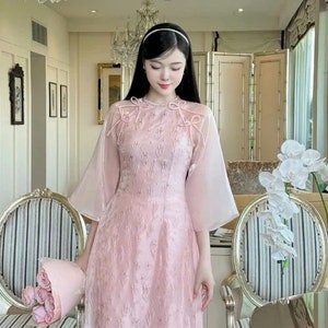 pink/Blue  Ao Dai  Modern design print silk S01