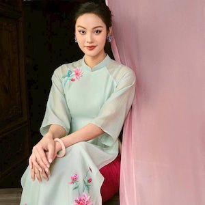 ao dai women| Ao Dai mint with  silk  Embroidered Lotus | Ao Dai Viet Nam| Lunar New Year| Vietnamese long dress| ao dai for Tet No Pant V7