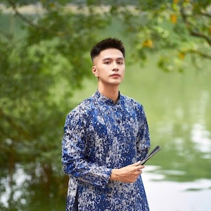 Blue Ao Dai Men|PRINTED embroidery ao dai for men tapta(No pants included) Lunar New Year | Vietnamese traditional   ADN23