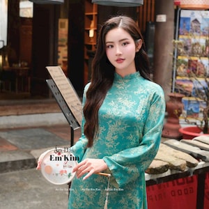 Green Floral Ao Dai long flare sleeve | Ao Dai Viet Nam | Lunar New Year | Ao Dai loose form| Ao Dai gấm with pants | Vietnamese dresses| V2