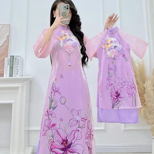 Mommy Daughter purple Flowers  Ao Dai Viet Nam | Women Vietnamese Long Dress| Lunar New Year |Traditional Ao Dai with pants MB08