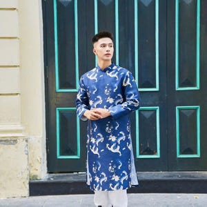 Ao Dai Men|Blue Dragon embroidery ao dai for men tapta(No pants included) Lunar New Year | Vietnamese traditional   ADN21