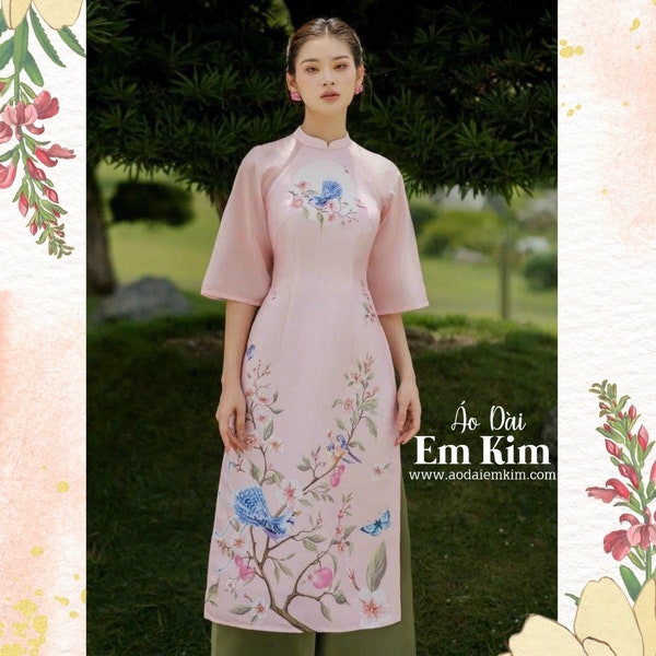 Tapta PinkFlowers Print Ao Dai Set, Pre-made Traditional Vietnamese Dresses Ao Dai, Lunar New Year ,Women Ao Dai Modern, Ao Dai Cach Tan |G3