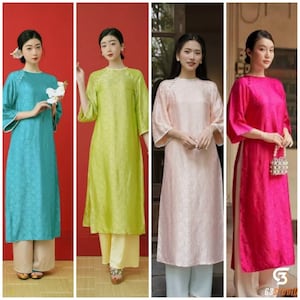 Gấm Shifted Green Ao Dai Set with pants , Pre-made Modernized Vietnamese Ao Dai, Lunar New Year, Women Ao Dai modern , Ao Dai Cach Tan|D16