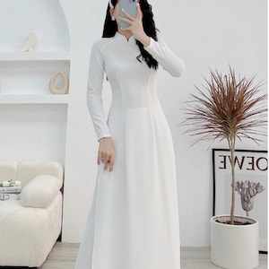 White gấm Tuyet Mai Plain Ao Dai| Ao Dai Viet Nam | Women Vietnamese Long Dress| Lunar New Year |Traditional Ao Dai with pantsM22