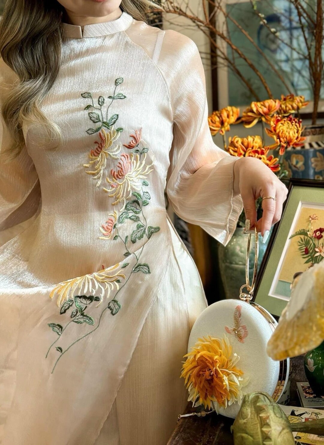Nude Embroidery Flowers Ao Dai Cach Tan P07 - Etsy